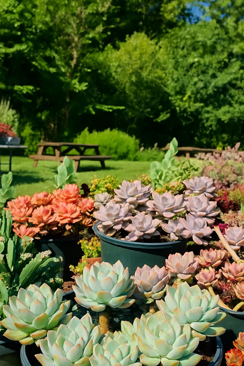Succulents and community garden tables at The Caring Community