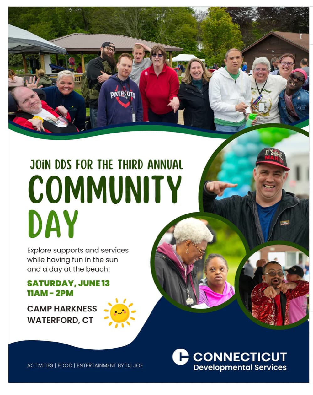 Third Annual Community Day flyer for June 13, 2026 at Camp Harkness in Waterford, Connecticut