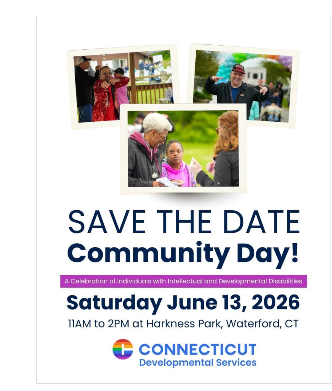 Save the Date flyer for Community Day on Saturday June 13, 2026 at Harkness Park in Waterford, Connecticut